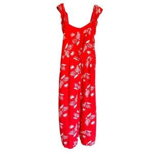 St Johns Bay Womens XL Red Tropical Palm Leaf Ruffle Tie Front Jumpsuit Rayon